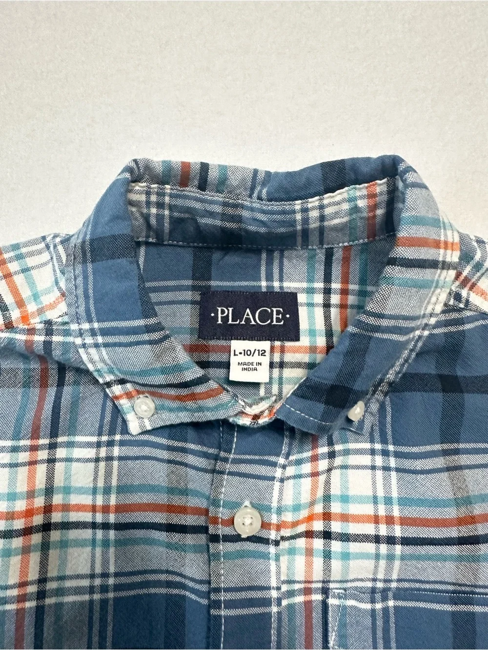 Children's Place Boys Plaid Button Down Large 10/12 Navy Orange Long Sleeve